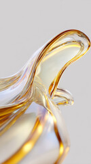 A hyper-detailed 3D render of a smooth, organic liquid form blending translucent gold with soft gradients, featuring high gloss and iridescent oil-like reflections.