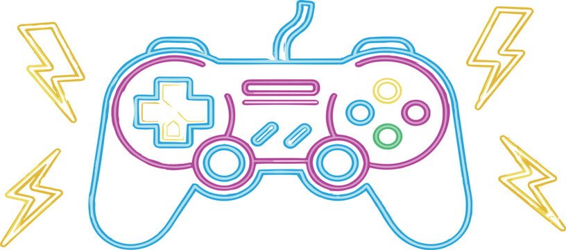 Neon glow video game controller with lightning bolts, vibrant digital entertainment and gaming concept