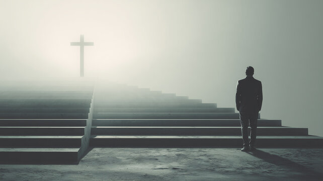 A Christian sermon backdrop depicts a man standing before many steps, with a Christian cross depicted at the top. It symbolizes the path to the Lord and repentance