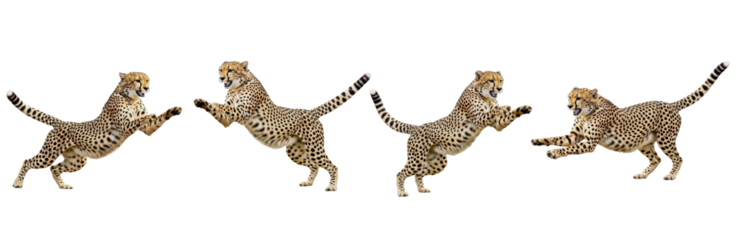 Cheetah Acinonyx jubatus isolated on white background predator set animal jumping leaping pounce feline wild cat mammal biology photography cutout graphic element high-resolution sharp focus macro
