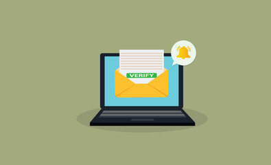 Laptop with a bell notification and verify mail. .Reminder on desktop. New message notification
