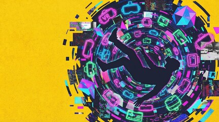 Obraz premium Man in virtual reality world with glitch effect. Future of metaverse and digital addiction concept for technology background.