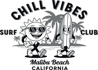 Retro graphic featuring a smiling sun character in sunglasses and a walking surfboard, symbolizing relaxed beach vibes and a classic surf club aesthetic