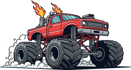Dynamic illustration of a red monster truck. Features colossal tires, high suspension, and flaming exhaust, embodying raw power and extreme off-road excitement