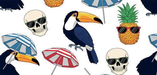 Fototapeta premium Tropical Toucan and Skull Summer Pattern with Sunglasses and Umbrellas