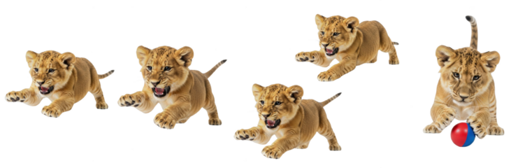 Lion Cub Panthera leo isolated on white background kitten predator set animal playing ball stalking jumping feline mammal biology photography cutout graphic element high-resolution sharp focus macro