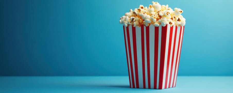 A red and white striped popcorn box filled to the brim, positioned against a vibrant blue background - Powered by Adobe