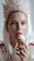 Fantasy Ice Queen Eating Ice Cream in Ornate Crown