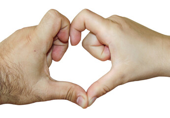 A husband and his wife form a heart from their fingers. Love concept. Man and woman