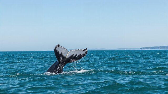 A whale's tail emerging from the ocean surface against a clear sky.