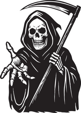 Vector illustration of black and white illustration of a grim reaper standing with a scythe