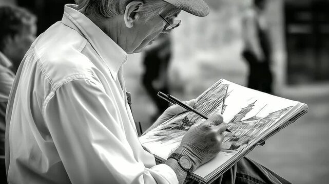 A man sketching architectural lines on notebook, focus on hand and graphite texture, daylight realism.