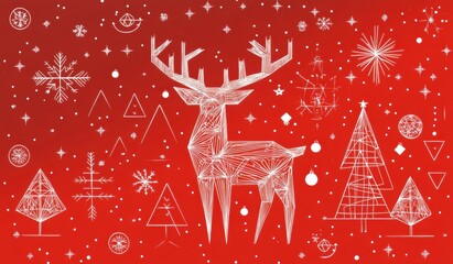 Red Christmas pattern featuring a silhouetted reindeer among trees and snowflakes