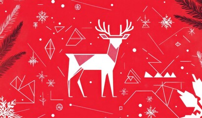 Red background featuring geometric line art Christmas motifs with reindeer, snowflakes, and Christmas tree