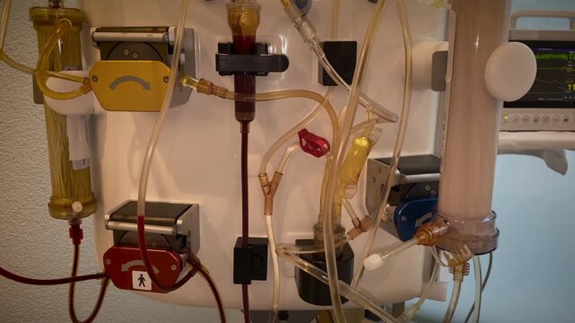 Technician Checks Hospital Apheresis Setup, Detailed View Of Medical Tubing And Connectors Inspection