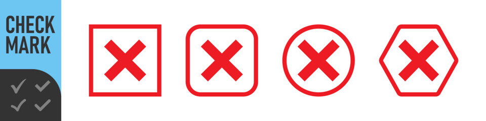 Red and black cross icons set : Set of many red cross set icons in various shapes: square, rounded, circle, and outlined rounded square. perfect for UI, errors, failures