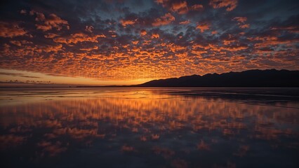 Sunset over a calm lake with reflection, vivid orange and dark clouds, serene natural landscape, beautiful evening sky, peaceful outdoor scene.