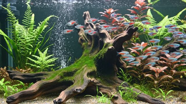 A lush freshwater aquarium features driftwood, green and red plants, and a school of tiny silver fish. Nearby!
