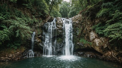 Fototapeta premium A waterfall in a forested area flowing into a pool of water. Nature, forest, and waterfall scene. The tranquility of a forest waterfall and natural landscape.