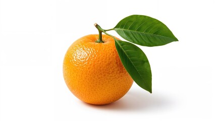 Fresh orange with green leaves isolated on white background.