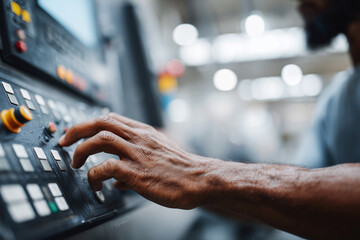 A man is working on a machine with a screen that has a lot of buttons