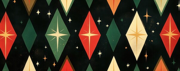 Seamless pattern of vintage inspired red and green diamond shapes with star motifs