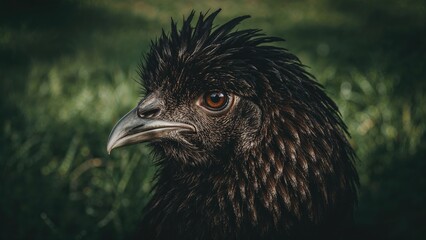 Close-up of a bird of prey with dark feathers and a sharp beak, set against a blurred green background. Wildlife and nature. The bird of prey in its natural habitat.