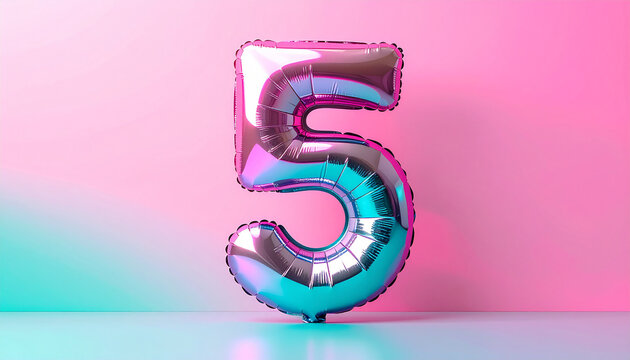 Holographic foil balloon shaped as number 5 five, dreamy pink and teal gradient backdrop, stylish
