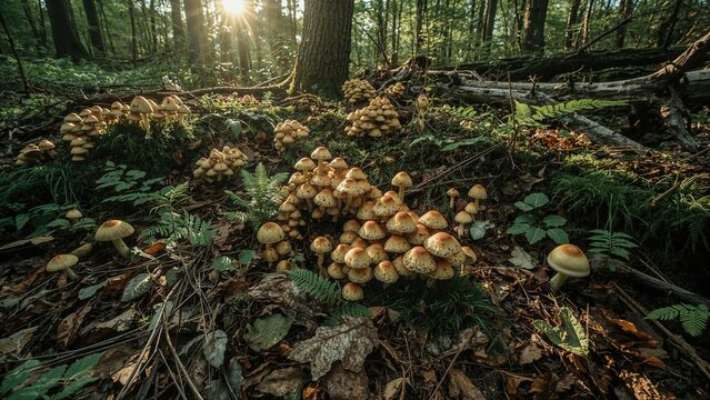 Cluster of mushrooms growing on forest floor with fallen leaves and ferns, sunlight filtering through trees. Mushrooms and forest environment. The natural habitat of fungi.