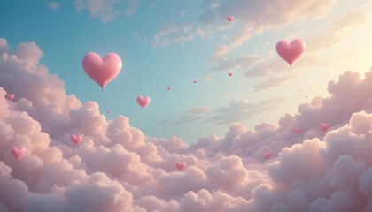 Obraz premium A dreamy skyscape features fluffy pink clouds and a multitude of heart shaped balloons gently ascending into the blue