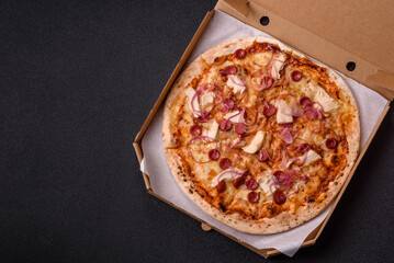 Italian pizza with sausage, chicken, and cheese for dinner. Sausage pizza
