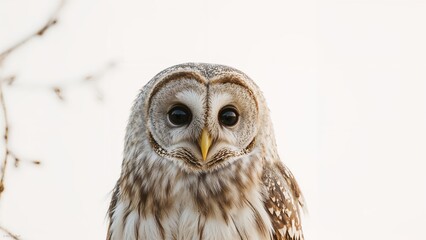 Naklejka premium Close-up of a barn owl with detailed feathers and piercing eyes, set against a blurred background. Wildlife and nature photography, bird species, nocturnal bird. The focus on wildlife and bird iden...