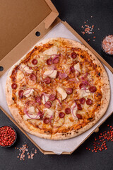 Italian pizza with sausage, chicken, and cheese for dinner. Sausage pizza
