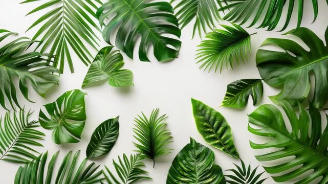 Video Green tropical leaves arranged in a circular pattern on a white background, ideal for use as a design element or to represent nature and growth