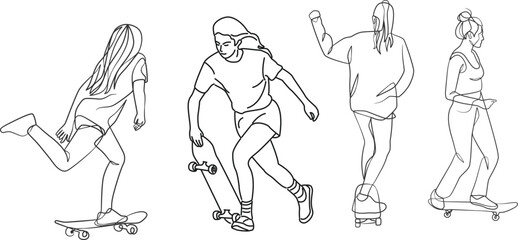 Continuous line drawing of girl playing skateboard