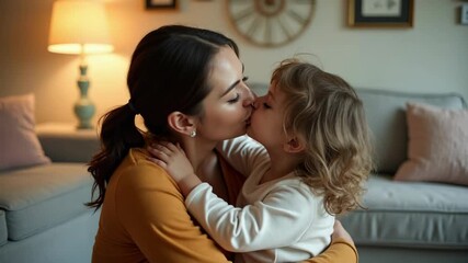 Woman kissing daughter indoors at home with warm lighting in a cozy living room setting, showcasing love, motherhood, and family bonding in an intimate moment.