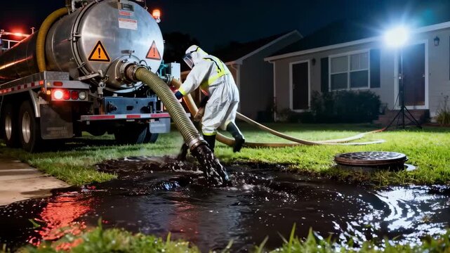 Emergency worker pumping overflowing septic tank waste at night managing hazardous spill control with heavy equipment by a suburban home.