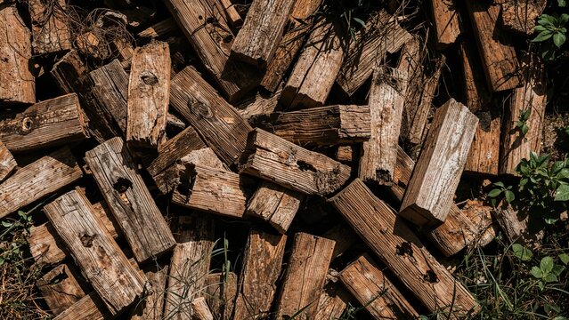 Pile of chopped firewood or timber logs stacked outdoors. - Powered by Adobe