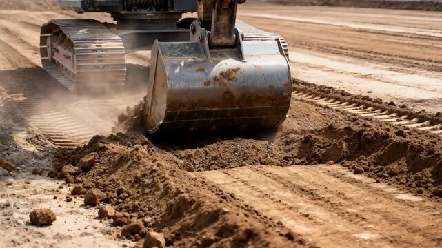 Earthmoving equipment in medium shot actively redistributing soil highlighting the process of leveling a large plot to create a stable base for future development.