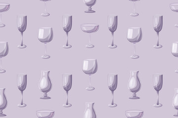 Wineglasses seamless pattern on the lavander background. Vector set of empty glassware cocktail coupe, wine glass, champagne flute, hurricane glass. Cartoon illustration for drink menus.