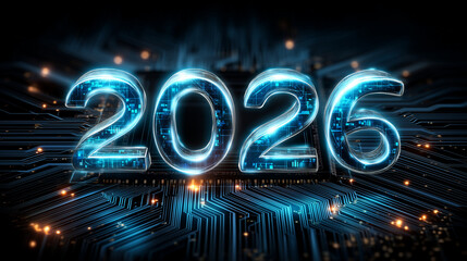 futuristic digital New Year scene featuring large glowing numbers "2026" in the center. The numbers are illuminated in vibrant neon blue with a soft inner glow and subtle particle