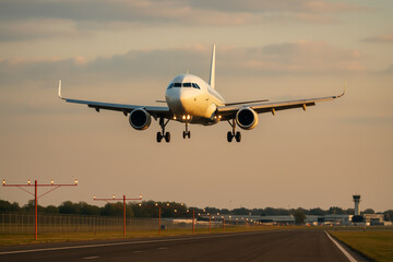 Naklejka premium Airplane landing on runway during golden hour sunset
