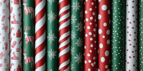 Festive Christmas-themed patterned paper set with snowflakes, ornaments, and reindeer designs in red, green, and white