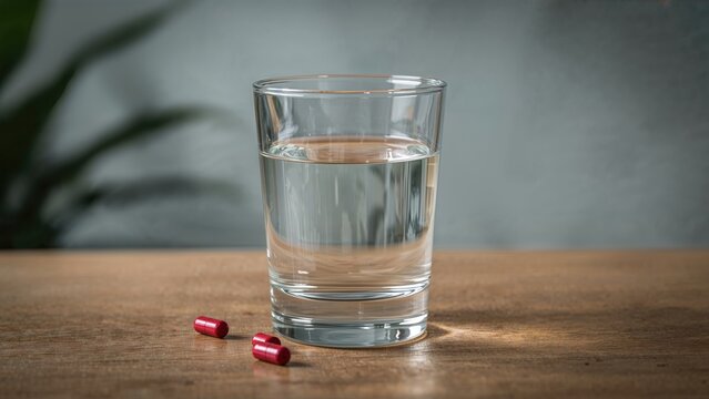 A glass of water on a wooden surface with two red pills beside it.