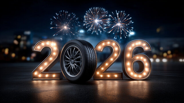 A festive New Year automotive scene featuring glowing marquee numbers "2026" on a reflective glossy floor, with a realistic car tire replacing the zero; dramatic blue lighting, ele