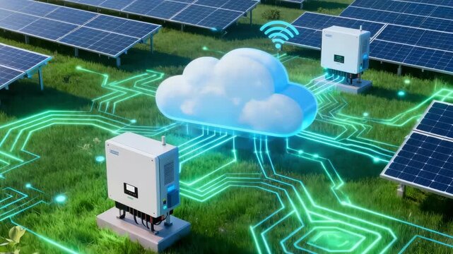 Medium frame capturing the integration of solar inverters with cloudbased smart grid platforms emphasizing seamless digital communication and adaptive load balancing.
