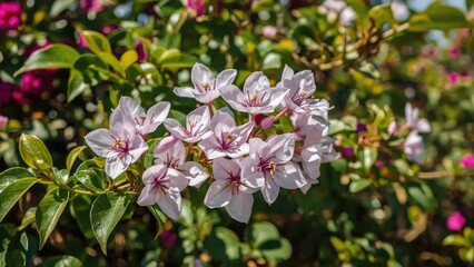 Cluster of white flowers with purple centers on green leafy bush, sunlight highlighting the blossoms.