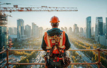 Construction worker observing city skyline from a high-rise building
