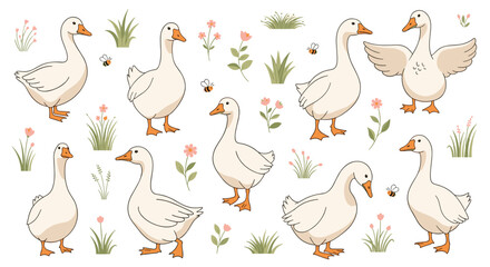 Obraz premium Delightful illustration set showcasing various charming geese in different poses, surrounded by green grass, delicate flowers, and buzzing bees, perfect for farm themes.