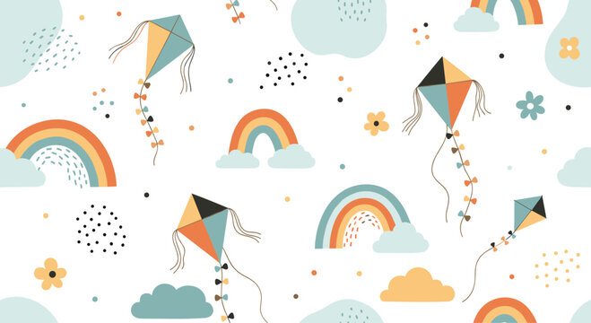 Cheerful seamless pattern featuring a whimsical display of colorful kites soaring alongside fluffy clouds and vibrant rainbows on a bright white background, symbolizing freedom.